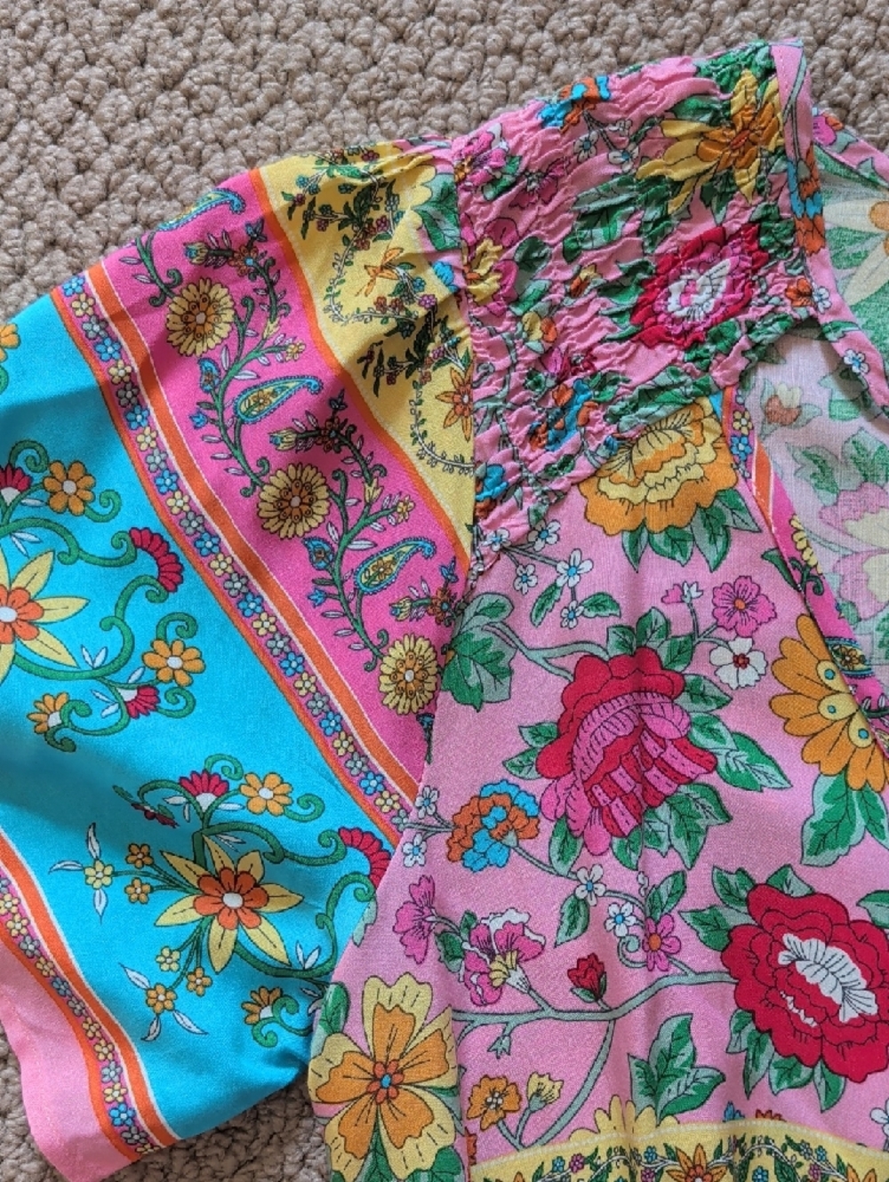 Colorful Floral Boho Maxi Dress With Smocking V Neck And Tie L - Picture 8 of 9